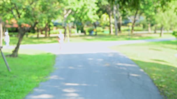 公園で微笑む若いスポーツウーマンの肖像 カメラに向かって走り ピントを合わせます — ストック動画