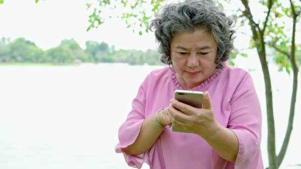 年上の女性は公園で彼女の携帯電話を使用するように Tyring 公園に立って 携帯電話を使用しようとしている古いアジアの女性 — ストック動画