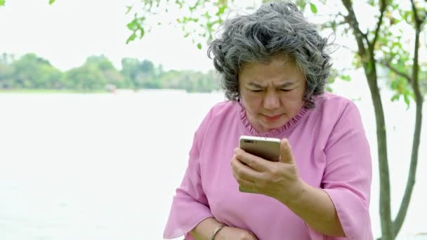 Mujer Mayor Escribiendo Para Usar Teléfono Parque Viejo Asia Mujer — Vídeos de Stock