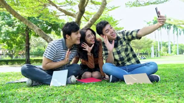 Studenti Parku Studuji Společně Čínští Mužští Teenageři Sedí Pohromadě Trávě — Stock video