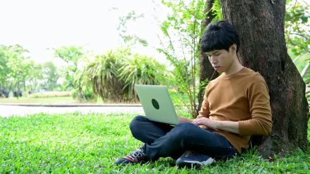 Jovem Usando Laptop Parque Sentado Grama Perto Uma Árvore Grande — Vídeo de Stock