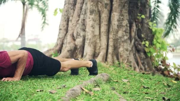 Corredor Calentándose Para Una Carrera Hombre Blanco Haciendo Push Parque — Vídeos de Stock