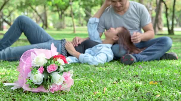 Romantische Koppel Park Chinese Aziatische Man Vrouw Park Ontspannen Liefdevolle — Stockvideo