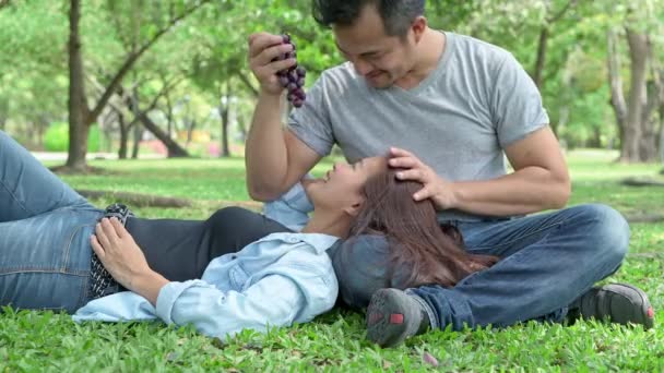在公园浪漫情侣 中国亚裔男女在公园里放松和相爱 — 图库视频影像