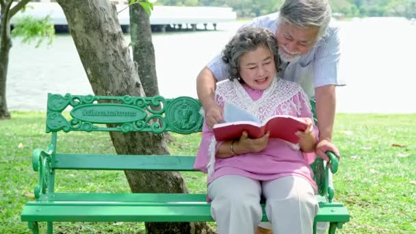 Dulce Pareja Mayor Relajándose Parque Viejo Hombre Asiático Sentado Banco — Vídeo de stock