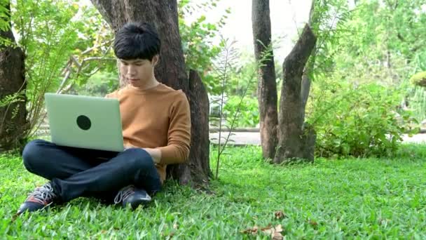 公園でノートパソコンを使用して若い男 大きな木の近くに芝生の上に座って リラックスしてノートパソコンを使用しています コピースペース付き — ストック動画