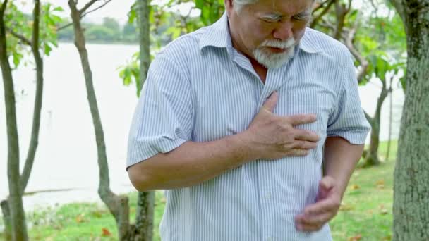 有心脏病发作的老人 中国老人胸痛 公园内的户外 — 图库视频影像