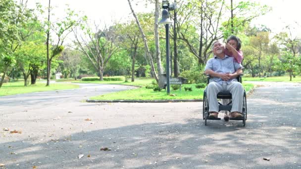 公園の車椅子の先輩 公園で散歩をしている彼の妻と車輪の椅子の古いアジア人 — ストック動画