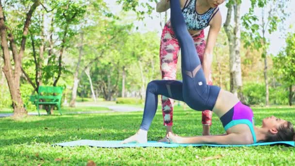 Frau Unterrichtet Yoga Park Yoga Praktizieren Und Öffentlichen Park Entspannen — Stockvideo