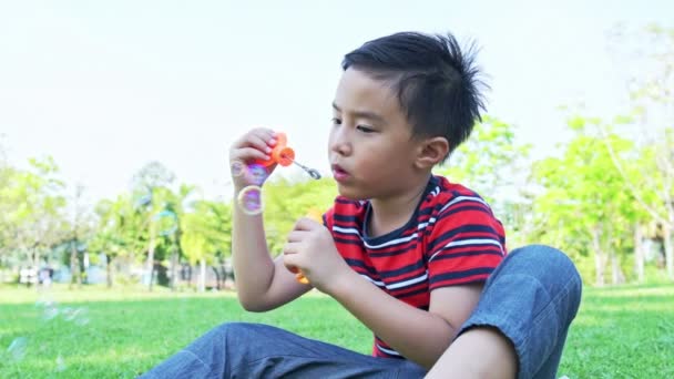 公園で泡を吹く若い男の子 アジアの少年は公園で彼のバブルの混合物で遊んで楽しんで — ストック動画