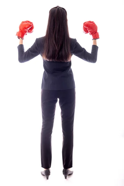Biznes kobieta rękawice bokserskie portret, gotowy do walki. — Zdjęcie stockowe