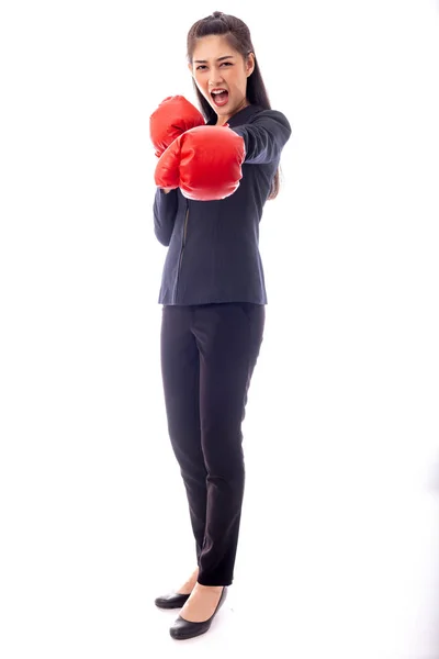 Business woman boxing gloves portrait, ready for a fight. — Stock Photo, Image