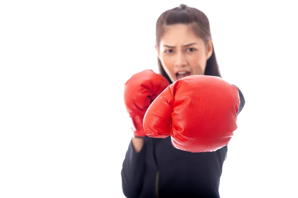 Business woman boxing gloves portrait, ready for a fight. — Stock Photo, Image