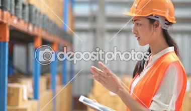 Kalite Denetçisi'nde küçük depo. Genç Çinli kadın Müfettiş küçük depo emniyet gerçek ambarındaki teftiş.