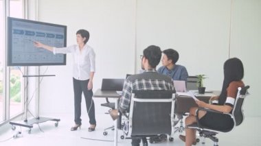 İş görüşmesi. Küçük iş toplantı odasında başlatmak. Erkek ve kadın bir sonraki büyük fikri beyin fırtınası ile Asya takımı. Yeni iş modeli başlamak kavramları.