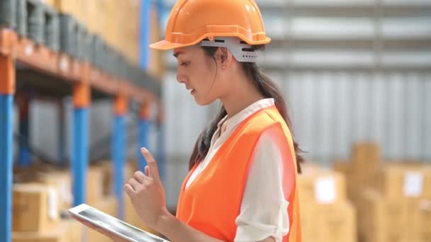Quality Inspector Small Warehouse Young Chinese Female Inspector Inspecting Small — Stock Video