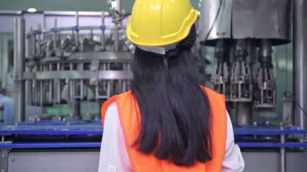 Lächelnde Asiatische Wirtschaftsingenieurin Mit Helm Bei Der Arbeit Der Fabrik — Stockvideo