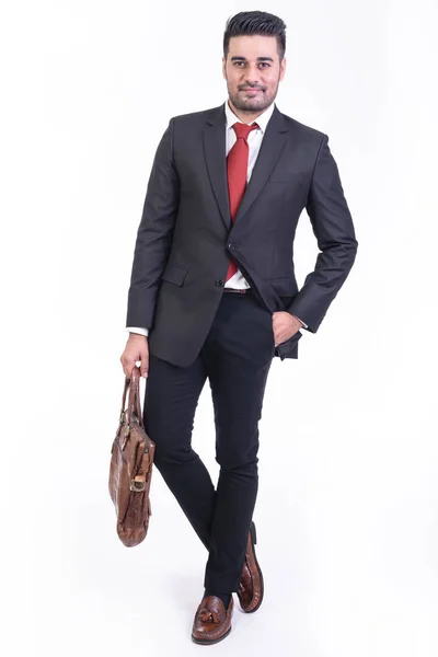 Businessman Isolated White Background Handsome Young Indian Businessman Suit Bag — Stock Photo, Image