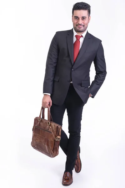 Podnikatel Samostatný Bílém Pozadí Pohledný Mladý Indický Podnikatel Obleku Taška — Stock fotografie