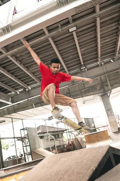 Skateboarder Action Asian Boy Urban Skateboard Park Bridge Doing Trick — Stock Photo, Image