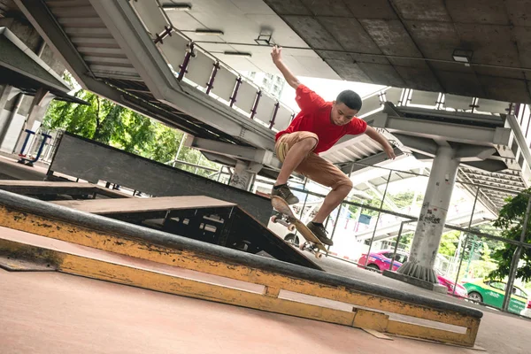 Skateboarder Action Asian Boy Urban Skateboard Park Bridge Doing Trick — Stock Photo, Image