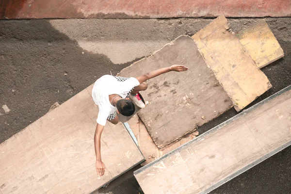 Skateboarder Action Asian Boy Urban Skateboard Park Bridge Doing Trick — Stock Photo, Image