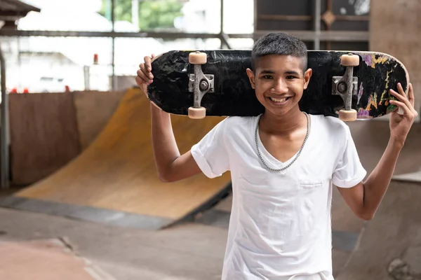 Skateboarder Portrait Smiling Asian Boy Urban Skateboard Park Bridge Standing — Stock Photo, Image