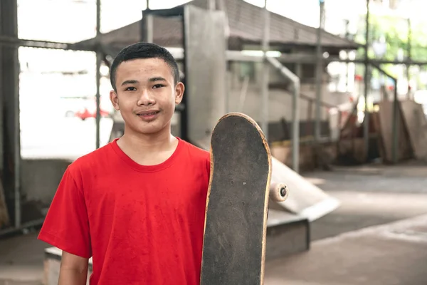 Skateboarder Portrait Asian Boy Urban Skateboard Park Bridge Natural Light — Stock Photo, Image