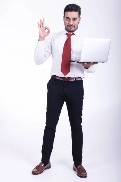 Biznesmen Białym Tle Przystojny Młody Biznesmen Indyjskiego Pomocą Laptopa Portret — Zdjęcie stockowe