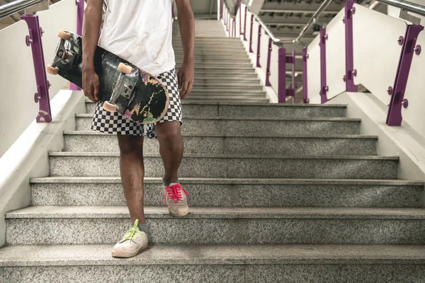 Skateboarder Portrait Asian Boy Urban Skateboard Park Bridge Walking Stairs — Stock Photo, Image