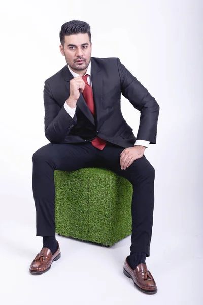 Businessman Sitting Green Chair Isolated Handsome Young Indian Businessman Suit — Stock Photo, Image