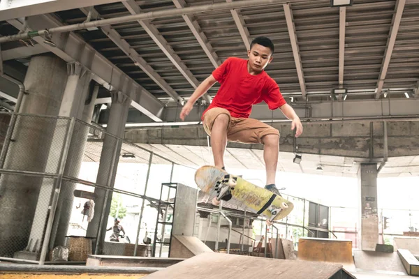 Skateboarder Action Asian Boy Urban Skateboard Park Bridge Doing Trick — Stock Photo, Image