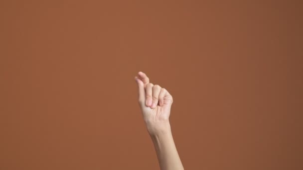 Woman Hand Isolated Snapping Finger Pointing Waving Camera Orange Background — Stock Video