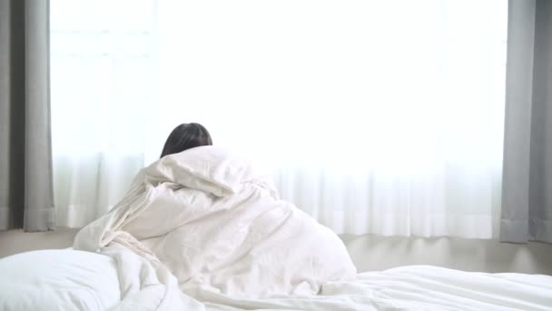 Woman Waking Asian Woman Bed Waking Stretching — Stock Video