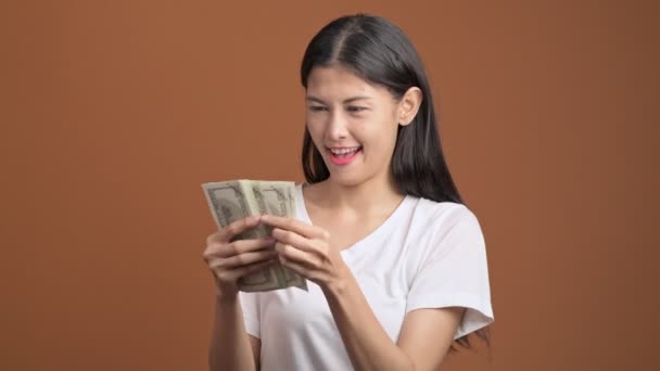 Happy Asian Woman Holding Counting Money — Stock Video