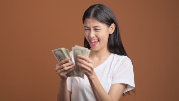 Happy Asian Woman Holding Counting Money — Stock Video