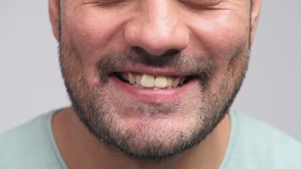 Close Talking Mouth Bearded Indian Man Talking Laughing Smile Front — Stock Video