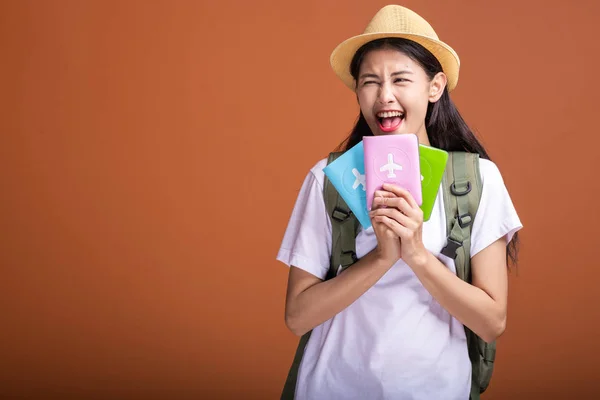 Young Hipster Tourist Holding Passports Asian Woman Backpack Hat Passports — Stock Photo, Image