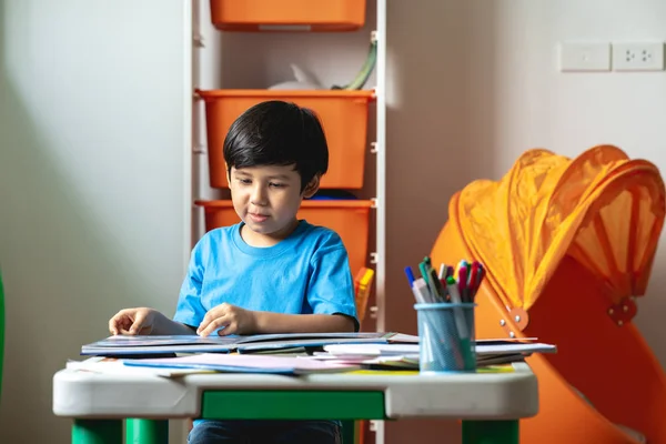 Children Homework Young Mixed Race Boy Doing Homework Terrace Home — Stock Photo, Image