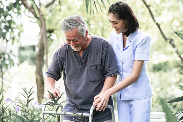 Nurse with patient using walker in retirement home. Young female nurse holding old man\'s hand in outdoor garden walking. Senior care, care taker and senior retirement home service concept.