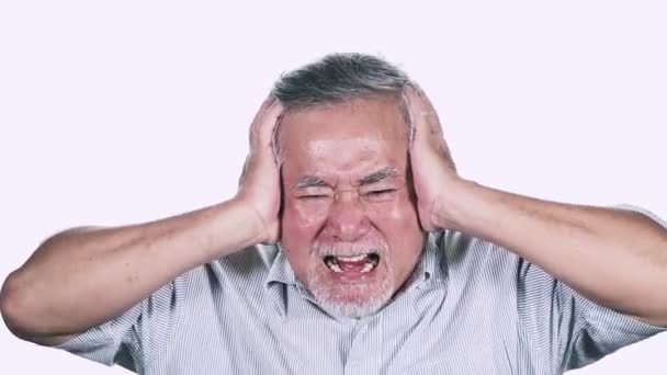 Angry Mature Asian Man Grey Hair Screaming Having Nervous Breakdown — Stock Video