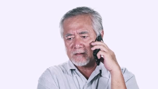 Upset Angry Mature Asian Man Grey Hair Talking Smartphone White — Stock Video