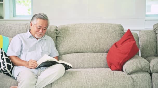 Asiático Abuelo Nieta Sentado Sofá Sonriendo Hablando Leyendo Libro — Vídeo de stock