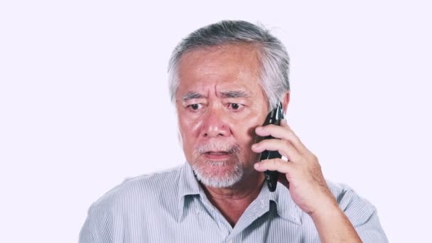 Angry Mature Asian Man Grey Hair Talking Smartphone White Background — Stock Video