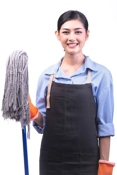 House cleaning service woman isolated in white. Asian young woman with gloves, happy smile, holding a mop. House cleaning service concept.