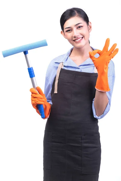 House Cleaning Service Woman Isolated White Asian Young Woman Gloves — Stock Photo, Image