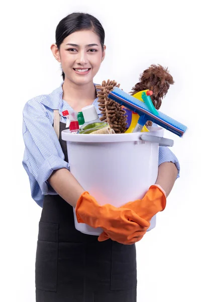Hus Rengöring Service Kvinna Isolerade Vitt Asiatisk Ung Kvinna Med — Stockfoto