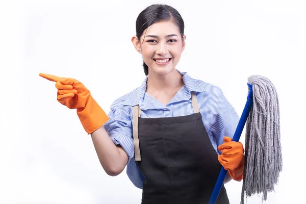 House Cleaning Service Woman Isolated White Asian Young Woman Gloves — Stock Photo, Image