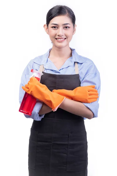 House cleaning service woman isolated in white. Asian young woman with gloves, happy smile, with window cleaning spray, cloth. House cleaning service concept.