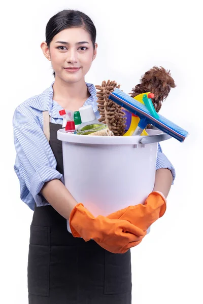 Σπίτι Καθαρισμού Υπηρεσία Γυναίκα Απομονωθεί Λευκό Χρώμα Ασιατικές Νεαρή Γυναίκα — Φωτογραφία Αρχείου